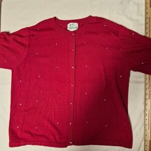 Quacker Factory Red Rhinestone Button Front Cardigan Sweater Womens 1X A41090